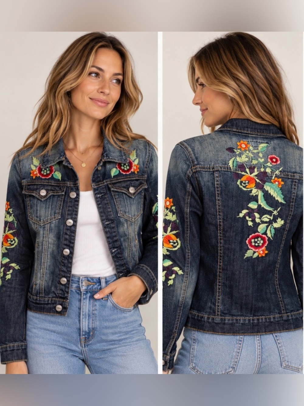 DRIFTWOOD Dark Blue Denim Jacket with tons of Floral Embroidery- Size Small